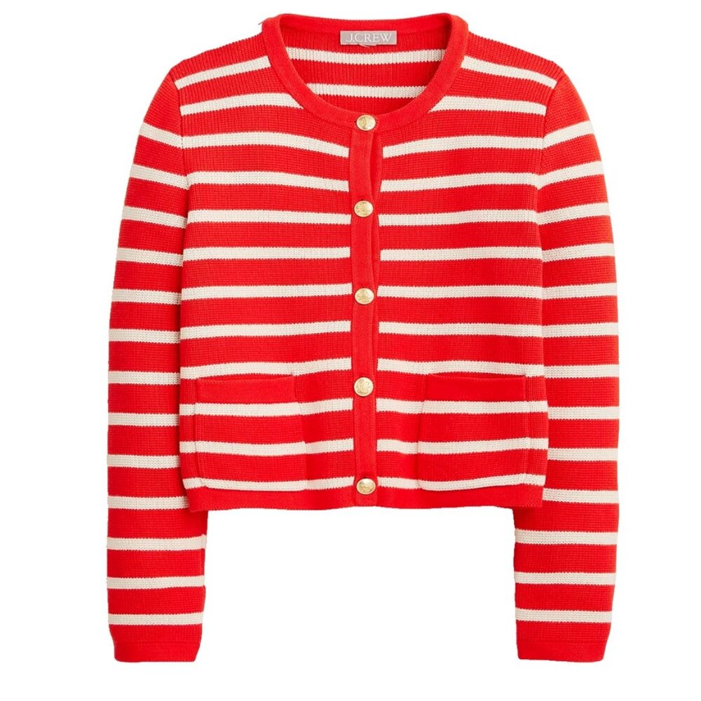 NWT J.Crew Emilie Sweater Lady Jacket in Red Ivory Stripe Knit Cardigan 3X